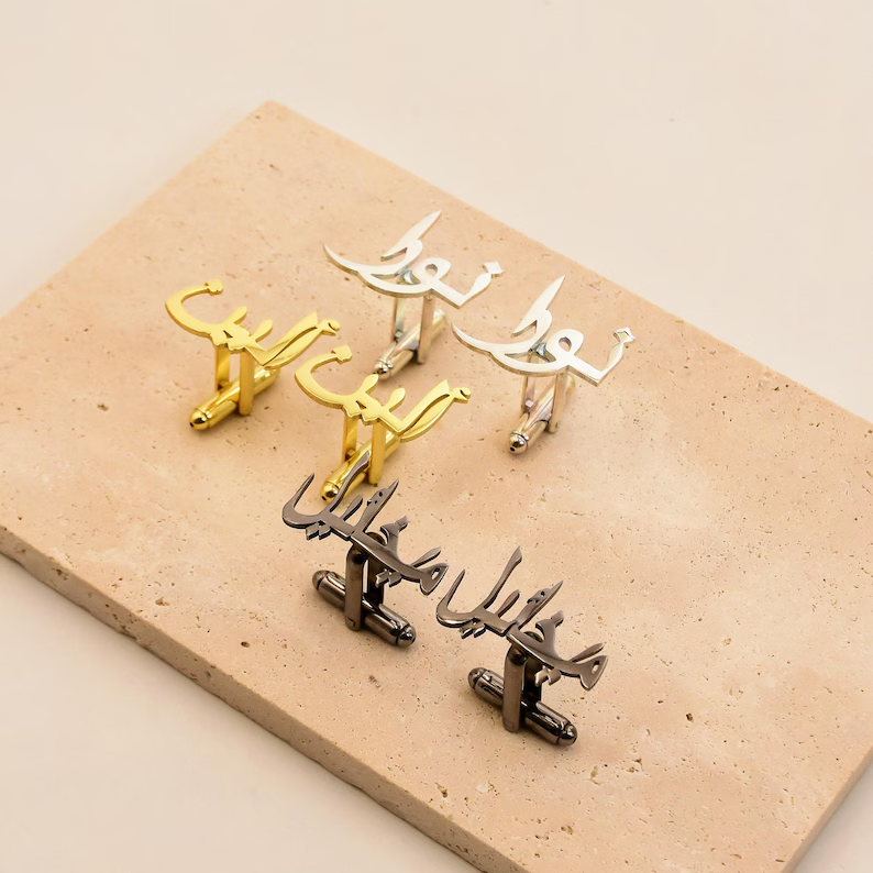 Arabic Handmade Initial Name Cufflinks for Men, Set of 1 Pair (2 Pcs)