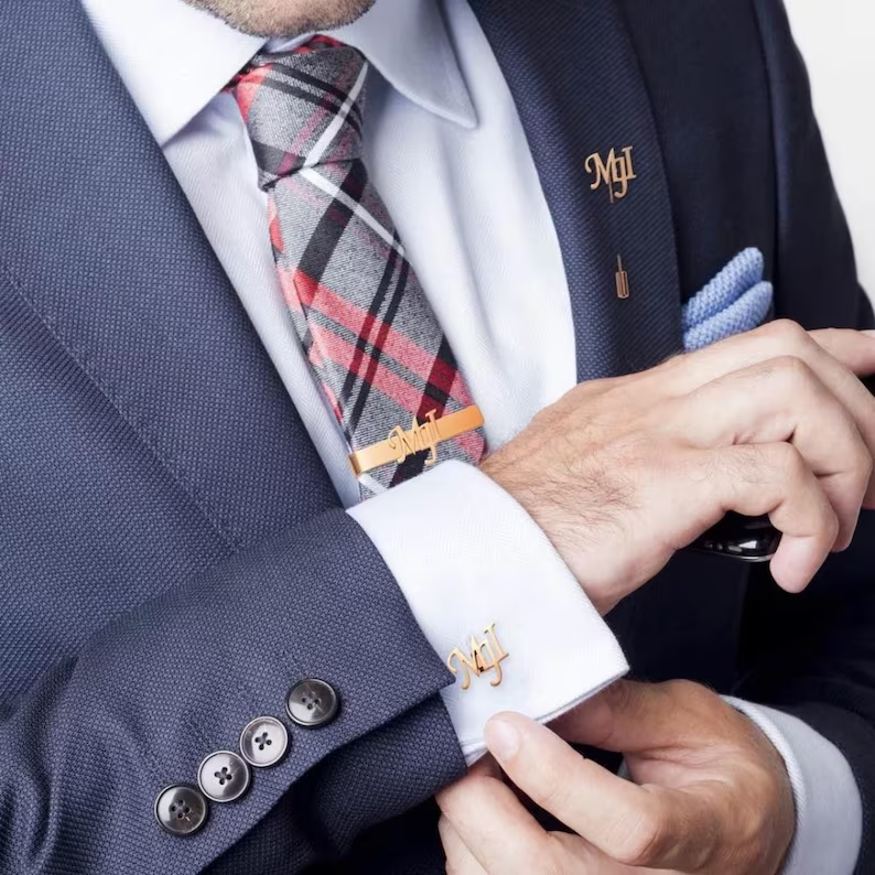 Personalised Men's Combo Accessory Set, Monogram Cufflinks, Lapel Pin, Tie Bar