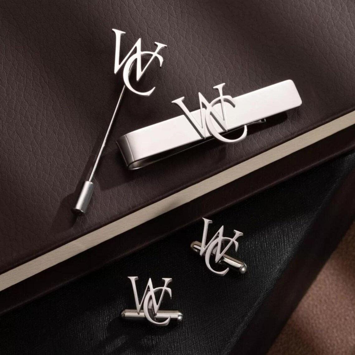 Personalised Men's Combo Accessory Set, Monogram Cufflinks, Lapel Pin, Tie Bar