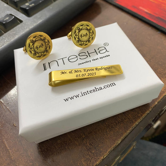Combo Premium Engraving Initial Name Cufflinks for Men, With Tie Pin