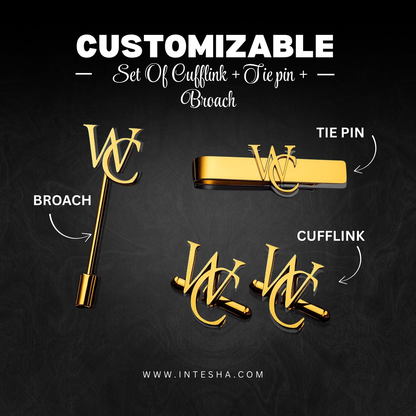 Personalised Men's Combo Accessory Set, Monogram Cufflinks, Lapel Pin, Tie Bar