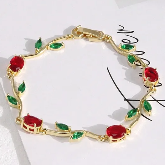 Anti Tarnish Gold Red Green Floral Bracelet 18 K Gold Plated