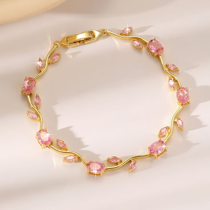 Anti Tarnish Gold Pink Tulip Floral Bracelet 18 K Gold Plated