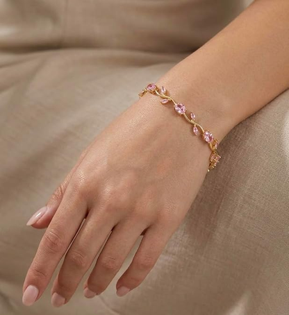 Anti Tarnish Gold Pink Tulip Floral Bracelet 18 K Gold Plated