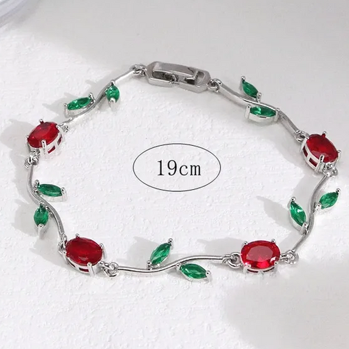 Anti Tarnish Silver Red Green Tulip Floral Bracelet 18 K Gold Plated