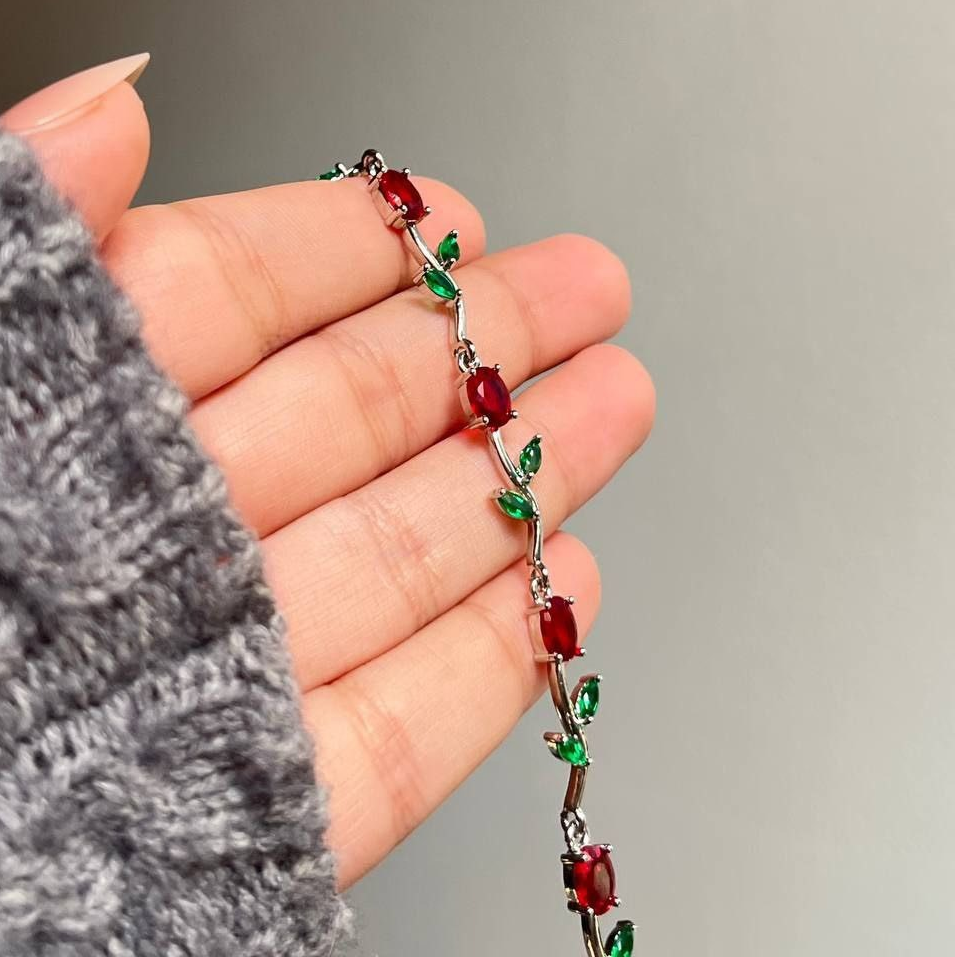 Anti Tarnish Silver Red Green Tulip Floral Bracelet 18 K Gold Plated
