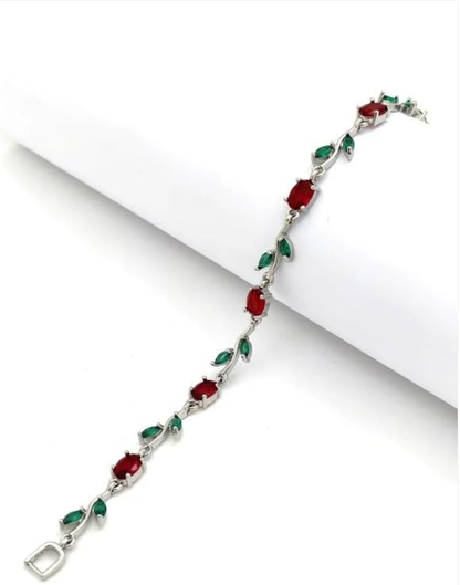 Anti Tarnish Silver Red Green Tulip Floral Bracelet 18 K Gold Plated