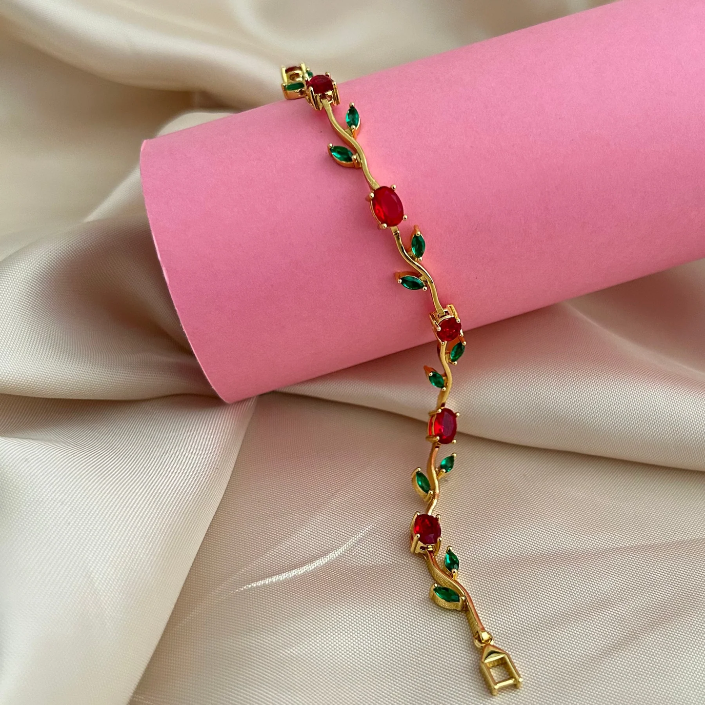 Anti Tarnish Gold Red Green Floral Bracelet 18 K Gold Plated