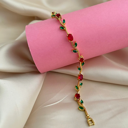 Anti Tarnish Gold Red Green Floral Bracelet 18 K Gold Plated