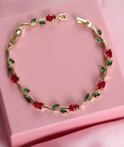 Anti Tarnish Gold Red Green Floral Bracelet 18 K Gold Plated