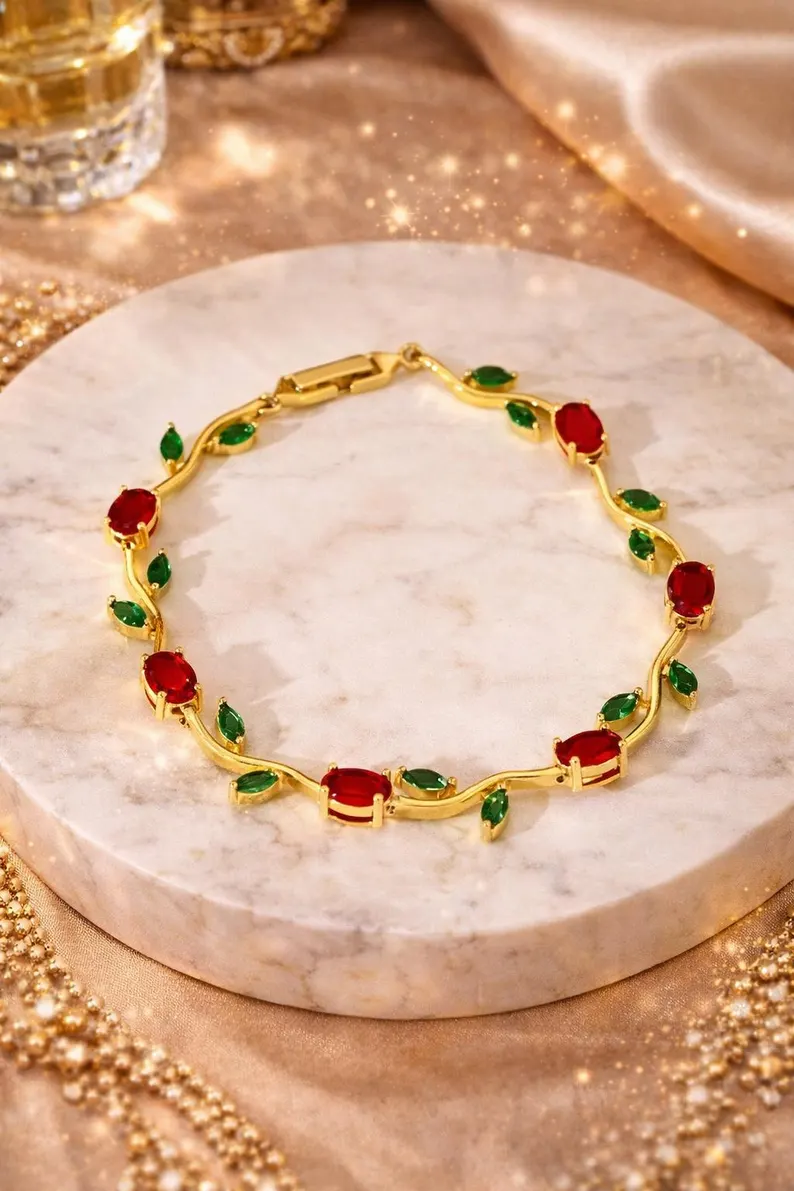 Anti Tarnish Gold Red Green Floral Bracelet 18 K Gold Plated