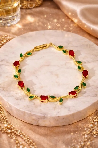 Anti Tarnish Gold Red Green Floral Bracelet 18 K Gold Plated